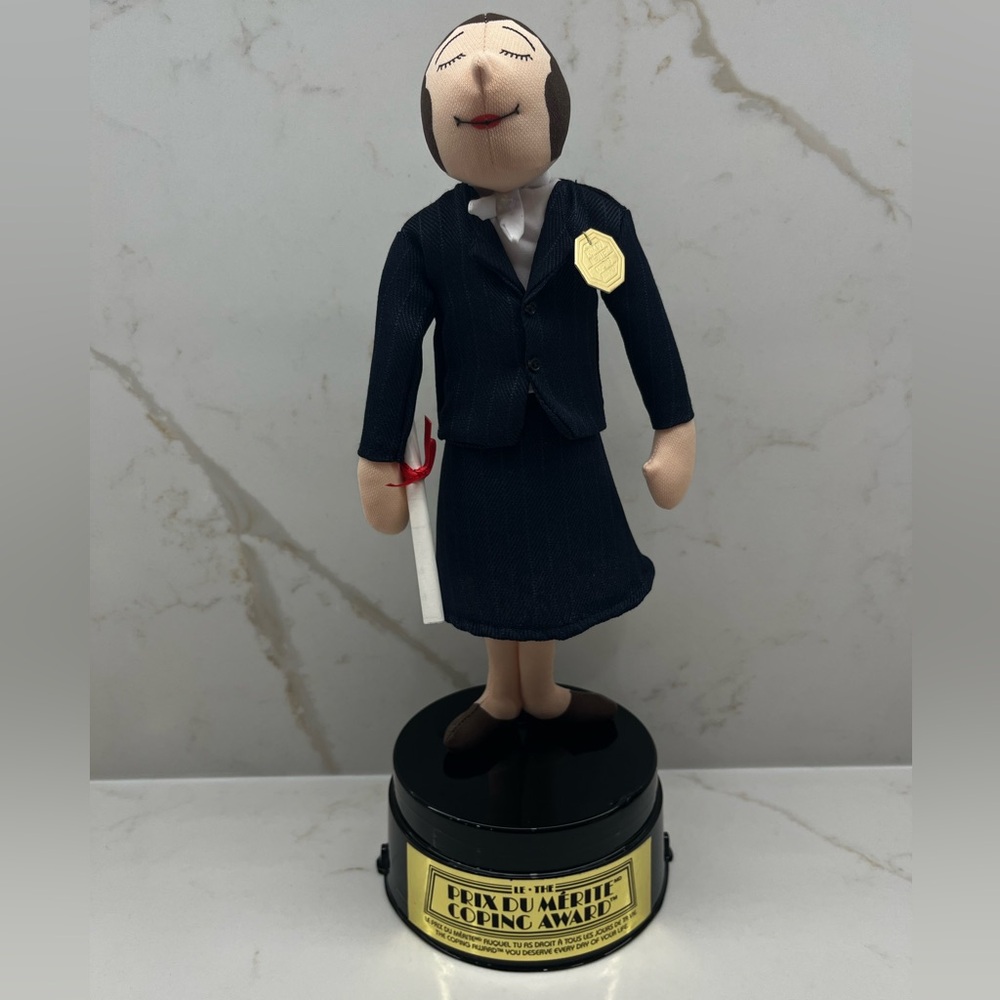Vintage Coping Award Trophy 1989 Cloth Female Statuette with Scroll Black Base